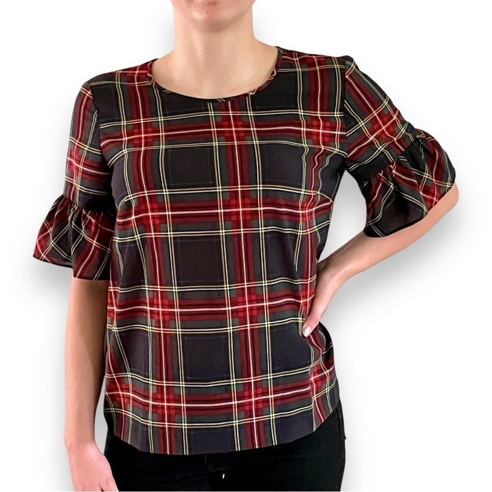 J. Crew Black and Red Plaid Ruffled Flutter Sleeve Top​​​​​​​​​​​